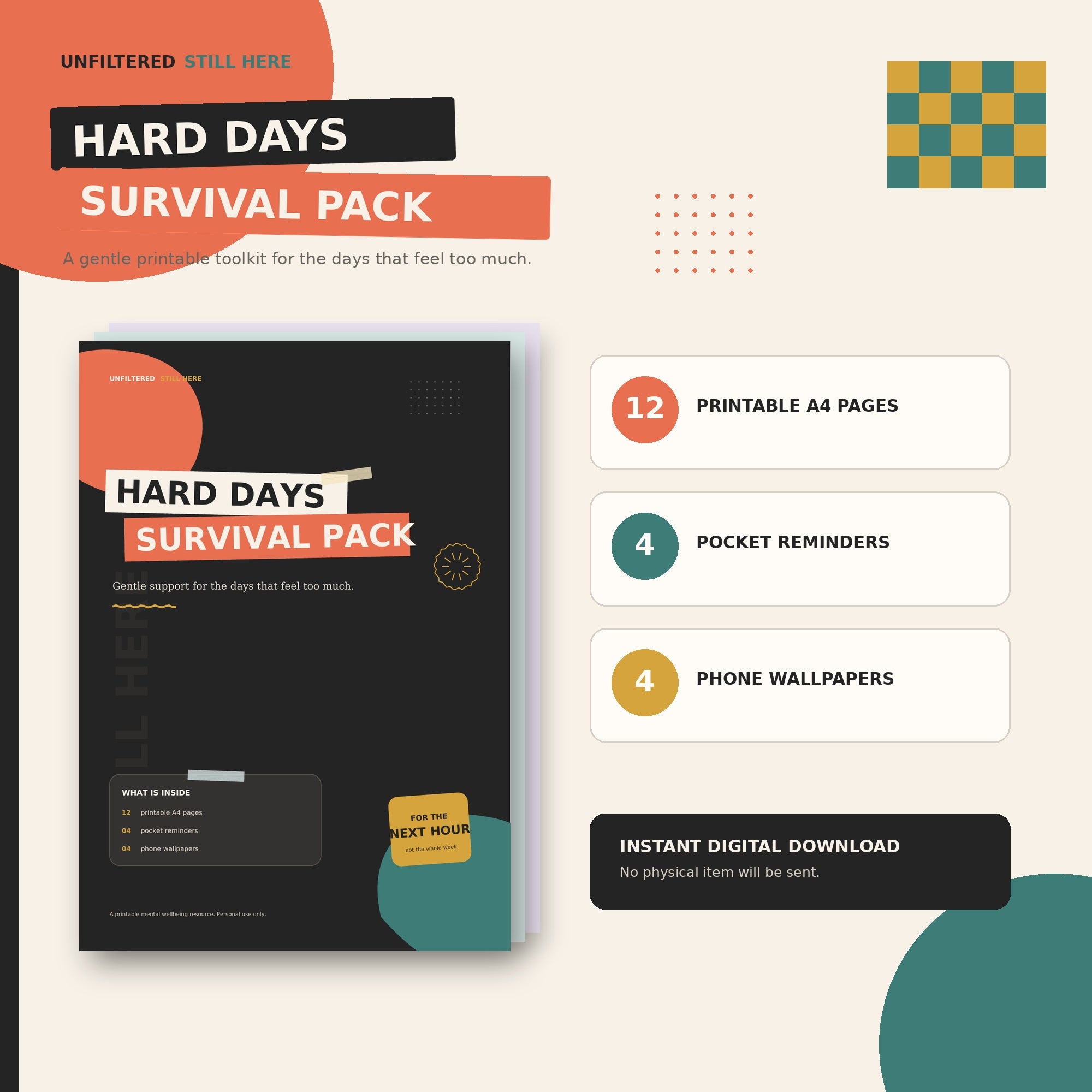 Hard Days Survival Pack - Printable Mental Health Support Kit + Phone Wallpapers