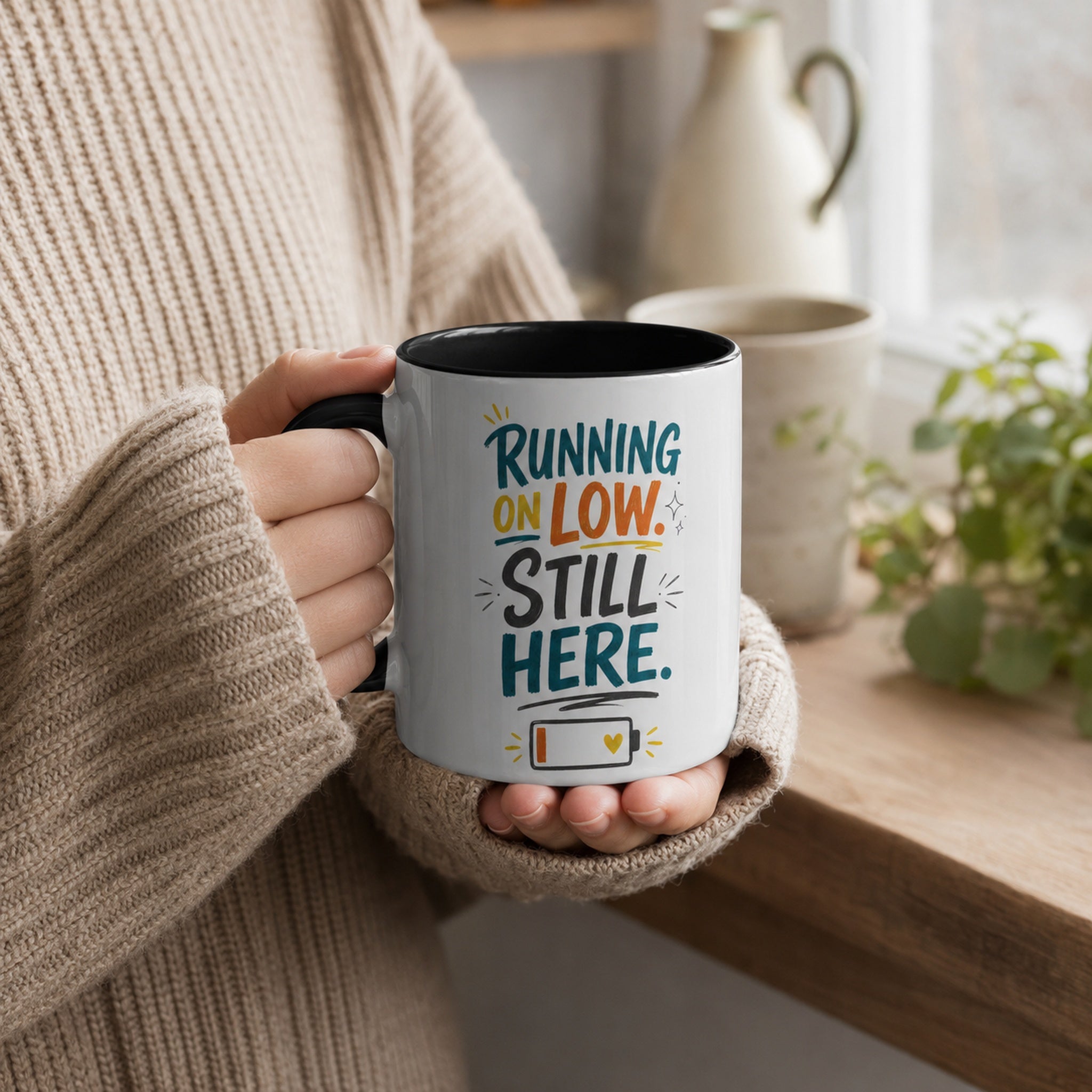 Running on Low, Still Here Mental Health Mug