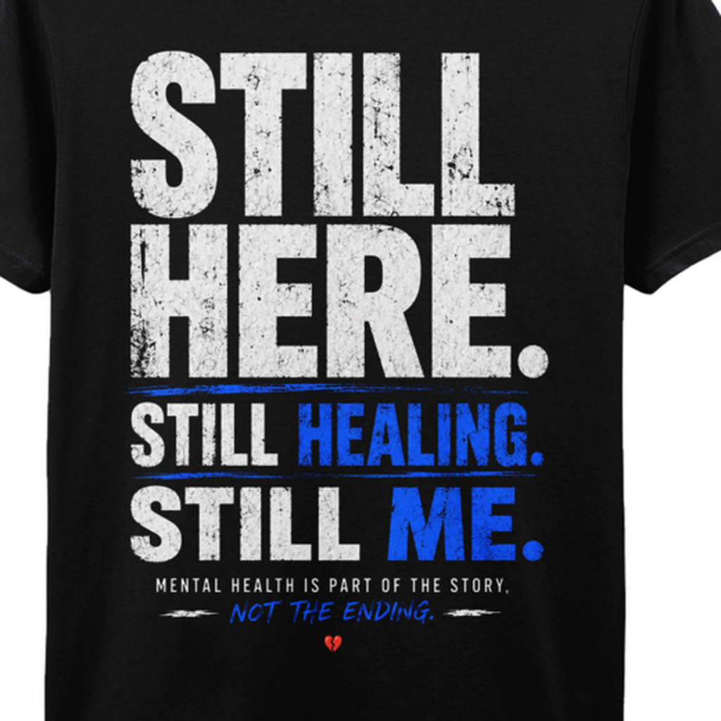 Close-up of the distressed white, blue and red Still Here T-shirt artwork