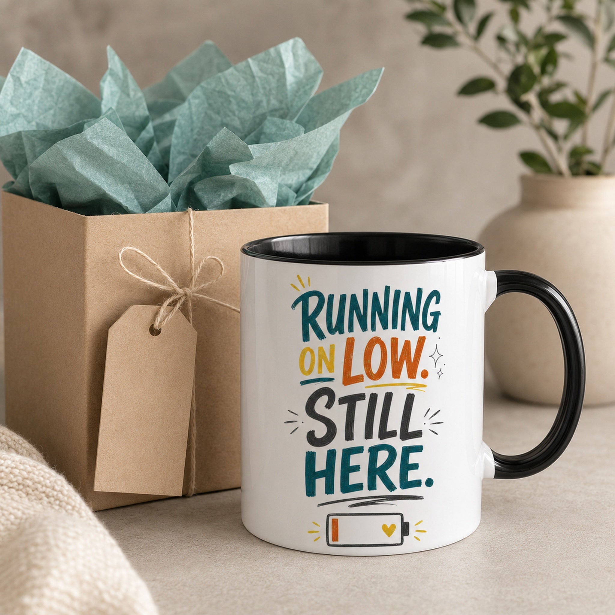 Running on Low, Still Here Mental Health Mug
