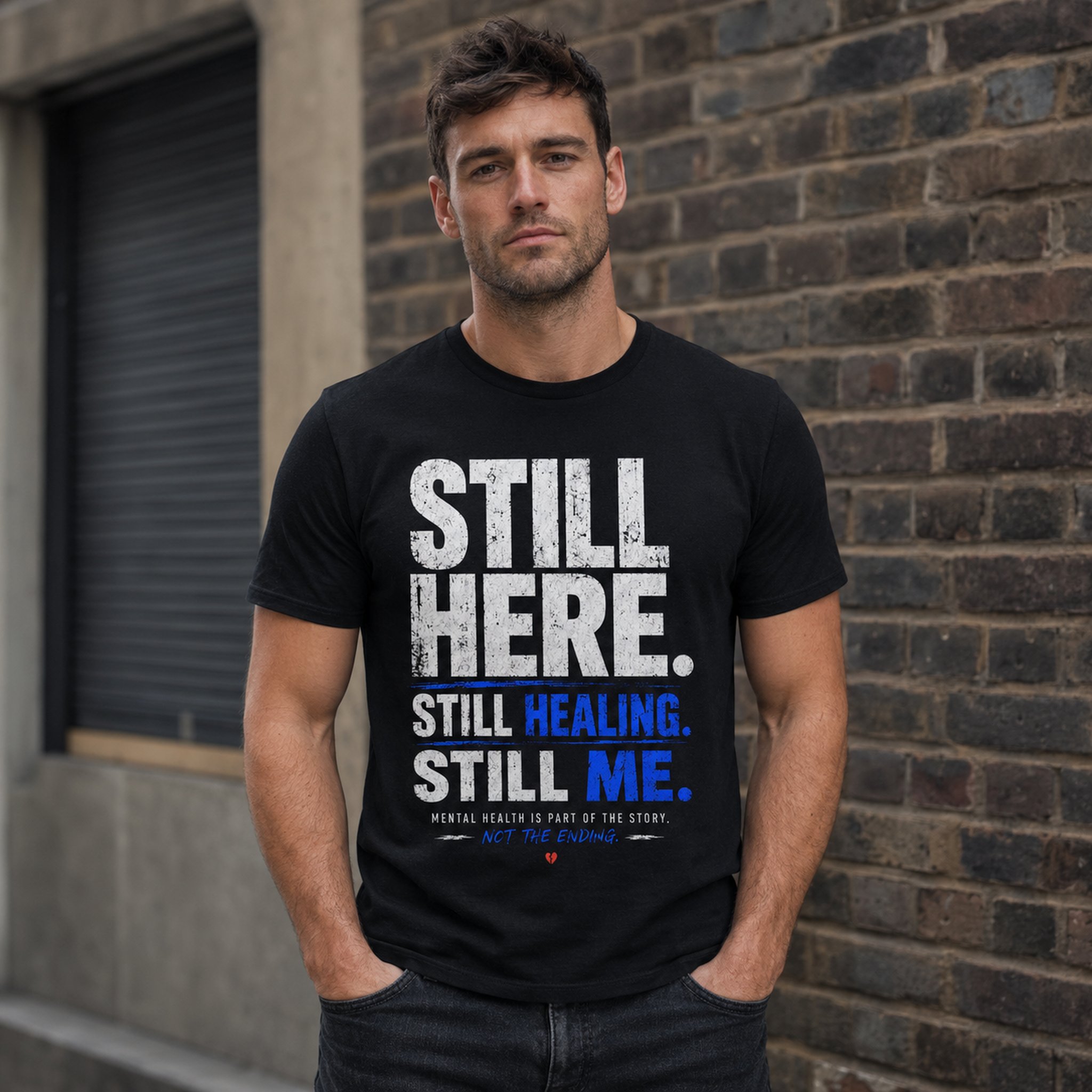 Man wearing the Black Still Here mental health T-shirt in an urban setting