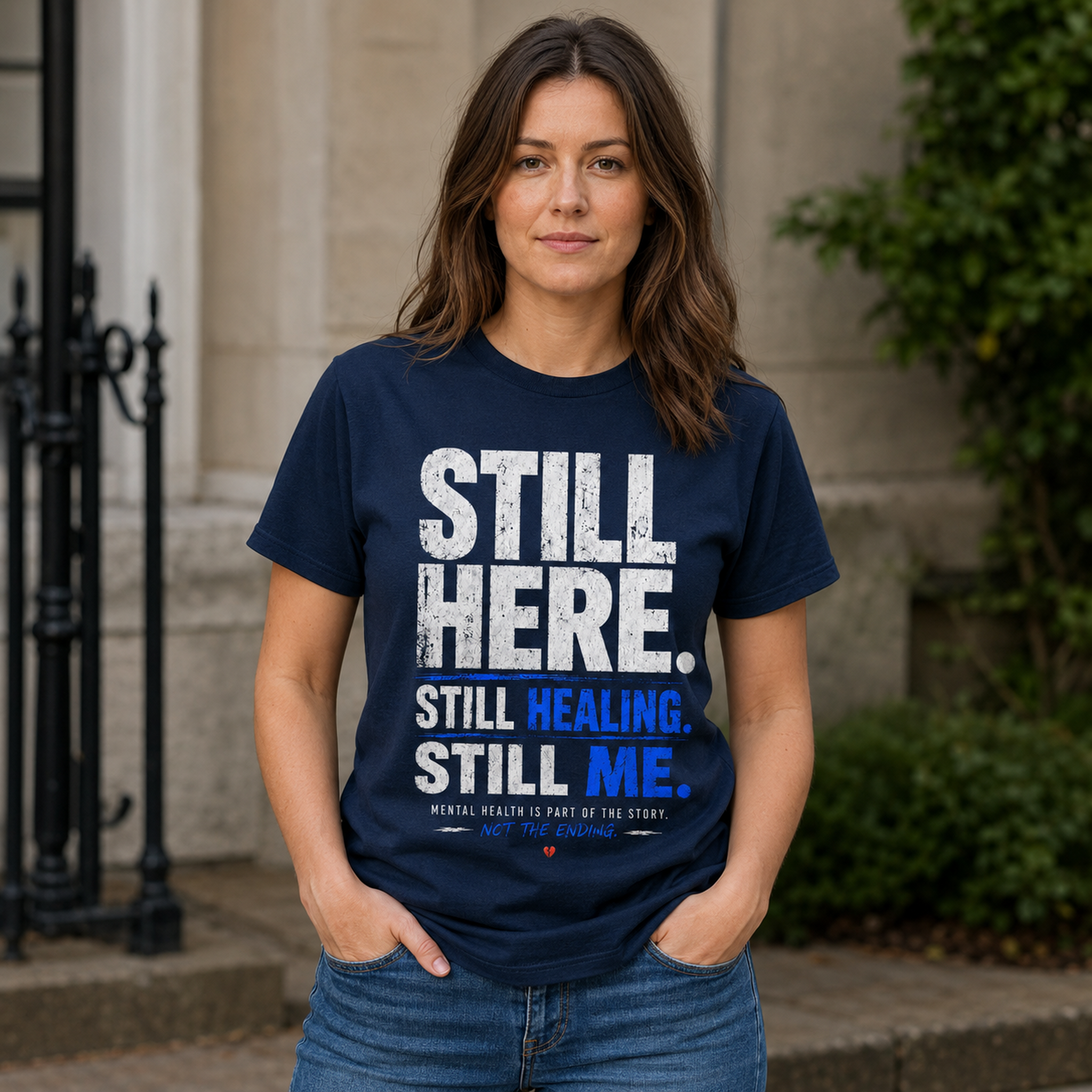 Woman wearing the Navy Still Here mental health T-shirt outdoors