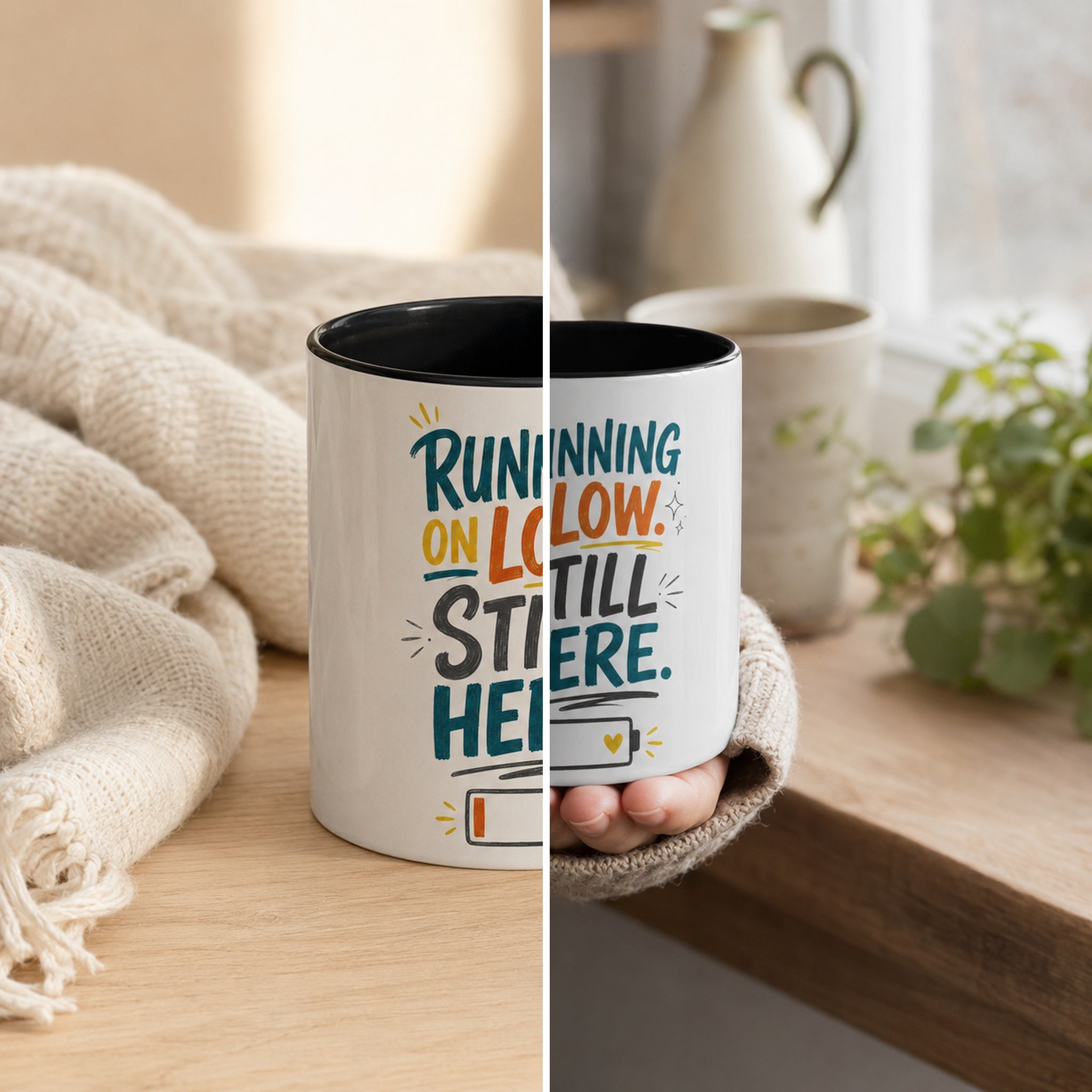 Running on Low, Still Here Mental Health Mug