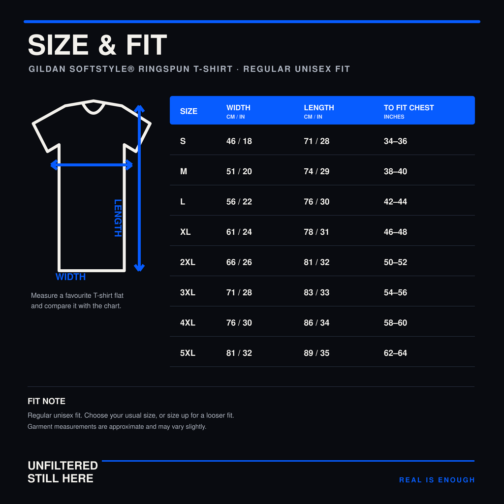Gildan SoftStyle unisex T-shirt size chart from S to 5XL