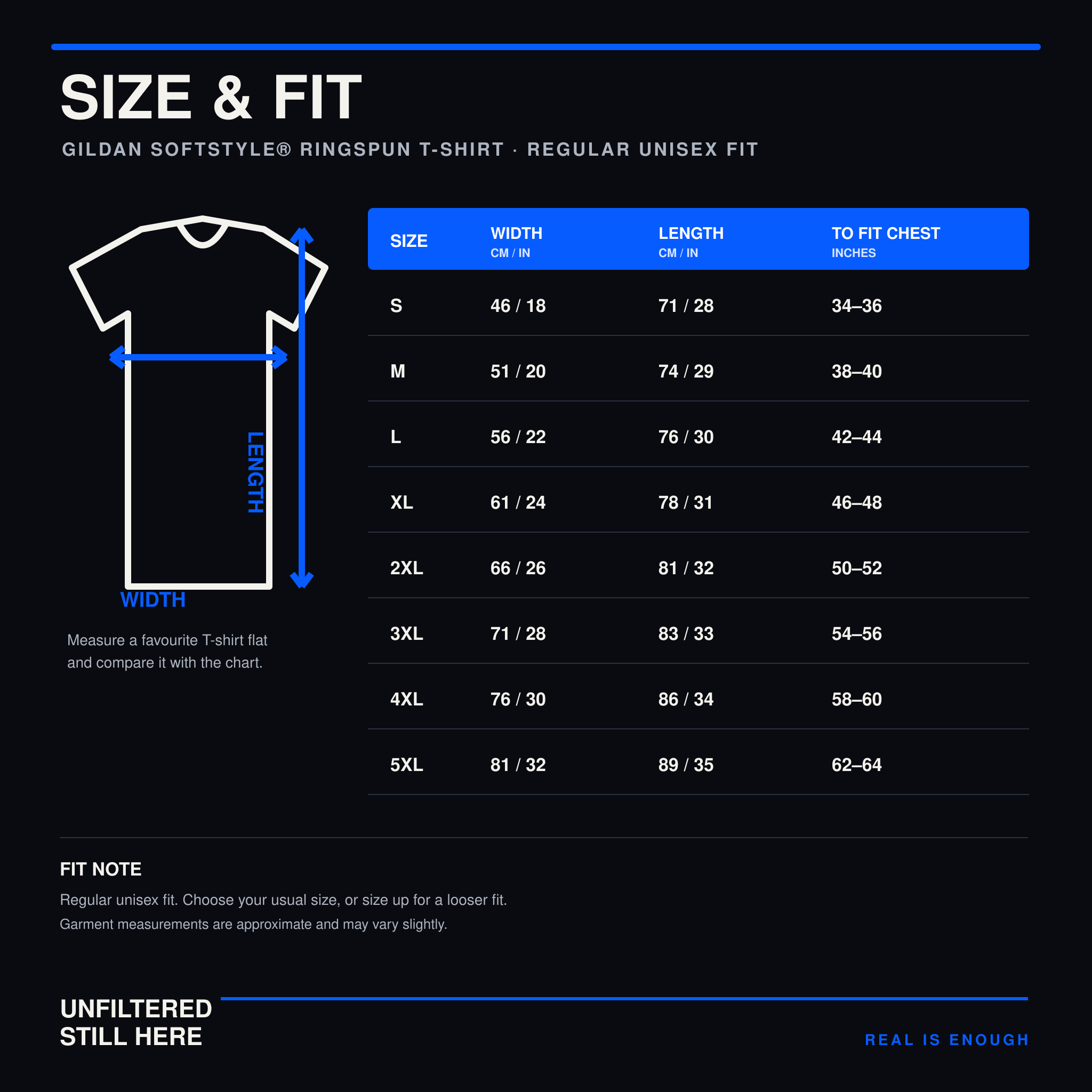 Gildan SoftStyle unisex T-shirt size chart from S to 5XL