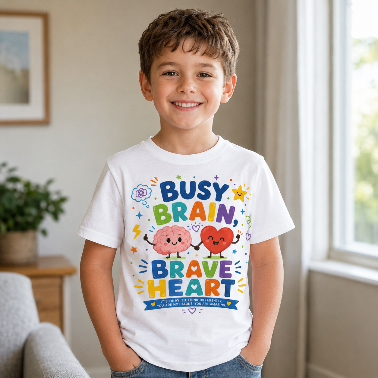 Busy Brain, Brave Heart Kids T-Shirt