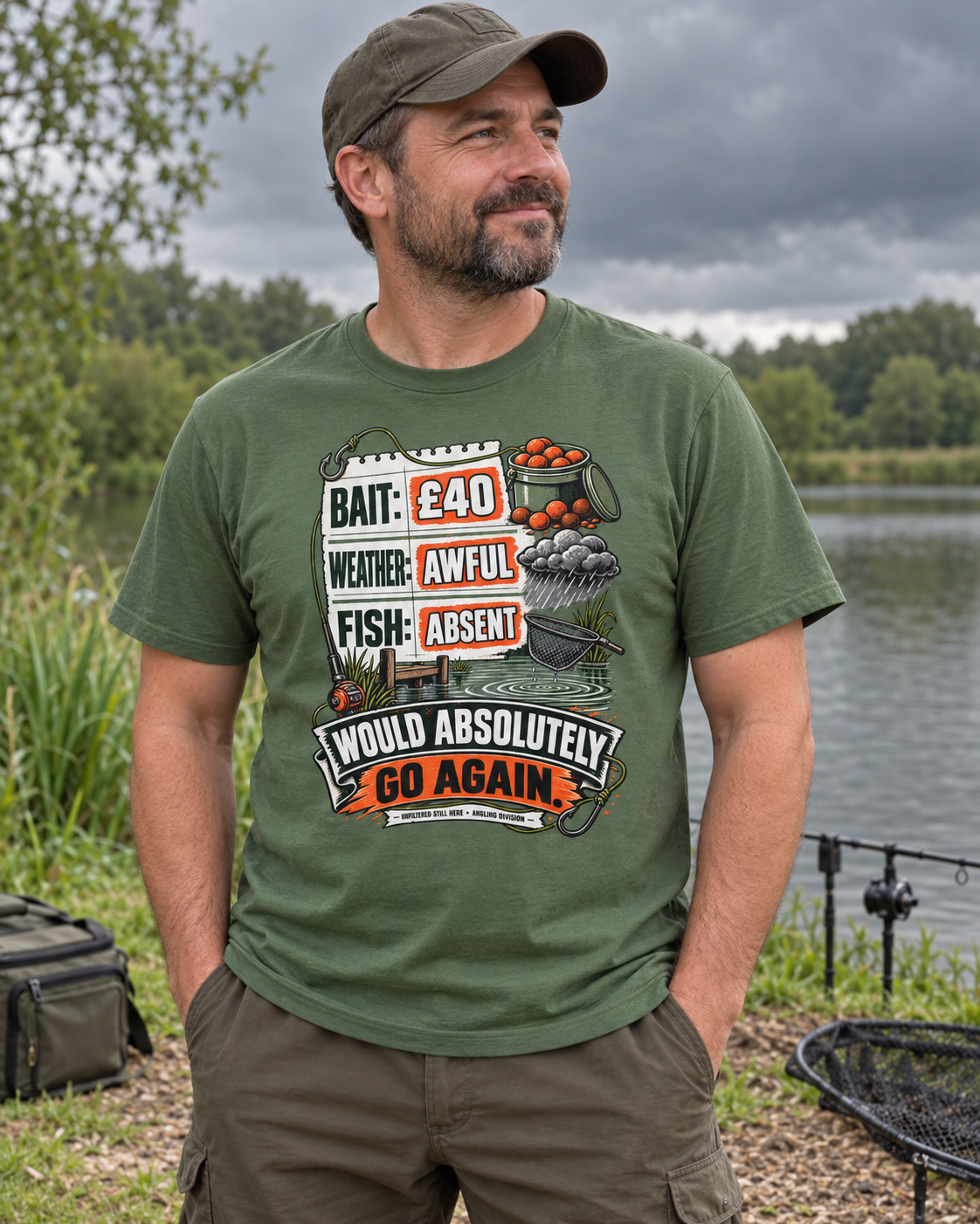 Would Absolutely Go Again Funny Fishing T-Shirt | Bait £40, Fish Absent