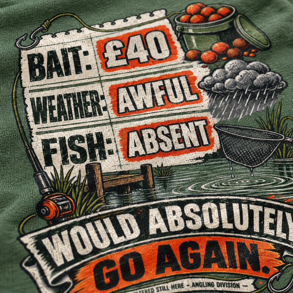 Would Absolutely Go Again Funny Fishing T-Shirt | Bait £40, Fish Absent